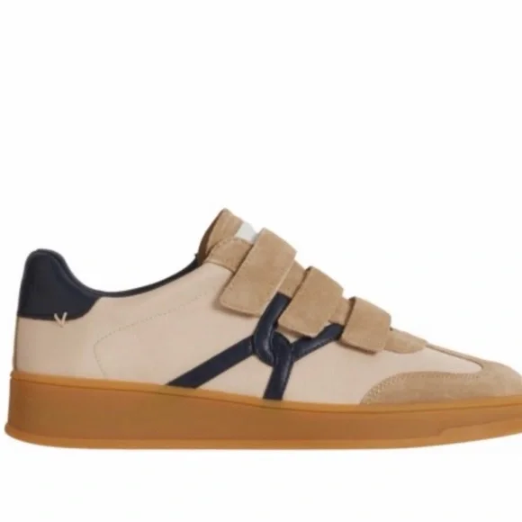 Veronica Beard Reagan Velcro Sneaker Beige & Navy Canvas & Leather Size 10 - Picture 2 of 10